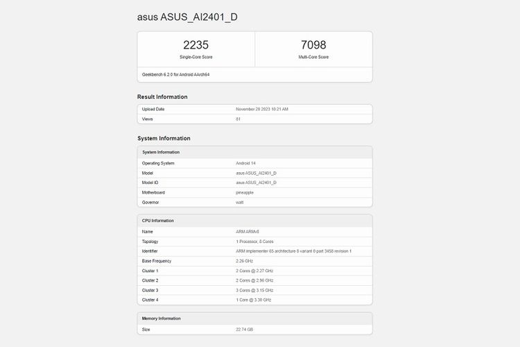 Skor Geekbench Asus ROG Phone 8 Ultimate