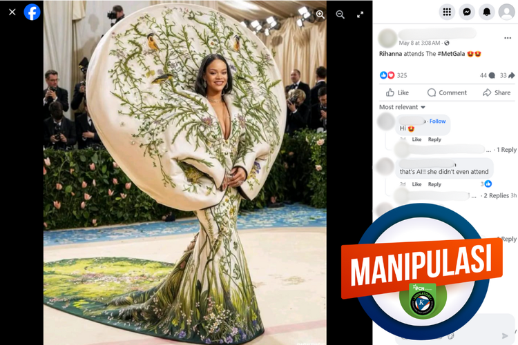 Tangkapan layar manipulasi foto di sebuah akun Facebook, Rabu (8/5/2024), menampilkan Rihanna menghadiri Met Gala 2024. 