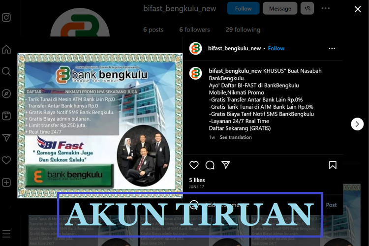 Tangkapan layar akun Instagram tiruan mengatasnamakan Bank Bengkulu.