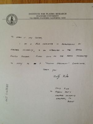 Tulisan tangan Sally Ride untuk melamar menjadi staf ahli di NASA.