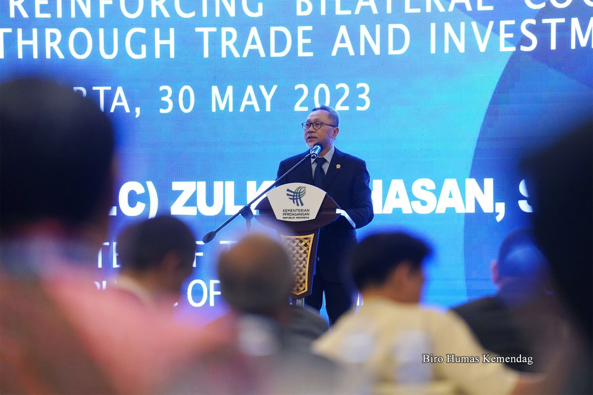 Menteri Perdagangan (Mendag) Zulkifli Hasan (Zulhas) saat membuka Indonesia-Saudi Arabia Business Forum and Networking bertema Reinforcing Bilateral Cooperation Through Trade and Investment di Jakarta, Selasa (30/5/2023). 