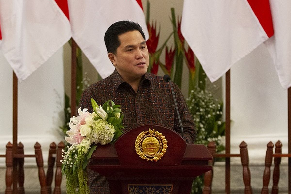 A file photo of State-Owned Enterprises Minister Erick Thohir who is also the chief executive of the newly established Covid-19 Handling and National Economic Recovery Committee delivering his speech at an event dated July 17, 2020. 