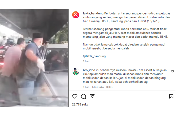 Tangkapan layar unggahan video bernarasi keributan antara pengemudi mobil dan petugas ambulans yang sedang mengantar pasien kritis di Bandung.