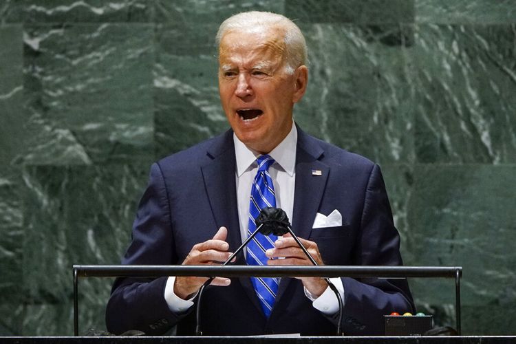 Presiden AS Joe Biden berpidato dalam Sidang Umum PBB ke-76 di markas besar PBB di New York, AS, pada Selasa (21/9/2021).