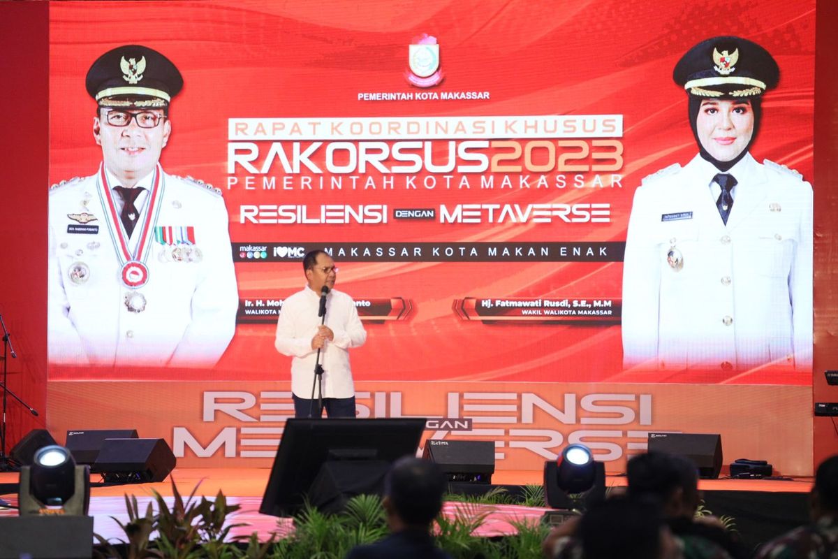 Wali Kota Makassar Danny Pomanto dalam Rapat Koordinasi Khusus (Rakorsus) 2023 bertema ?Resiliensi dengan Metaverse? di Hotel Four Point by Sheraton, Selasa (14/03/2023).

