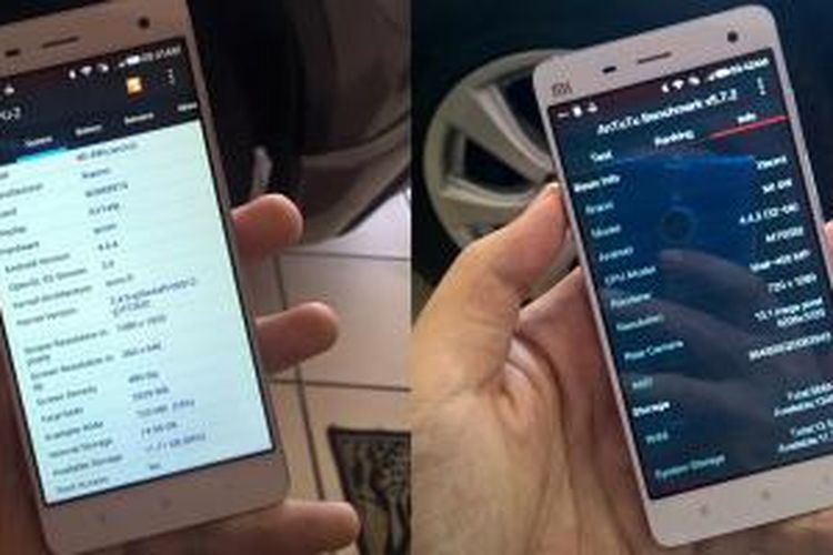 Perbandingan spesifikasi Mi4 palsu sebelum di-reset (kiri) dan setelah di-reset (kanan).