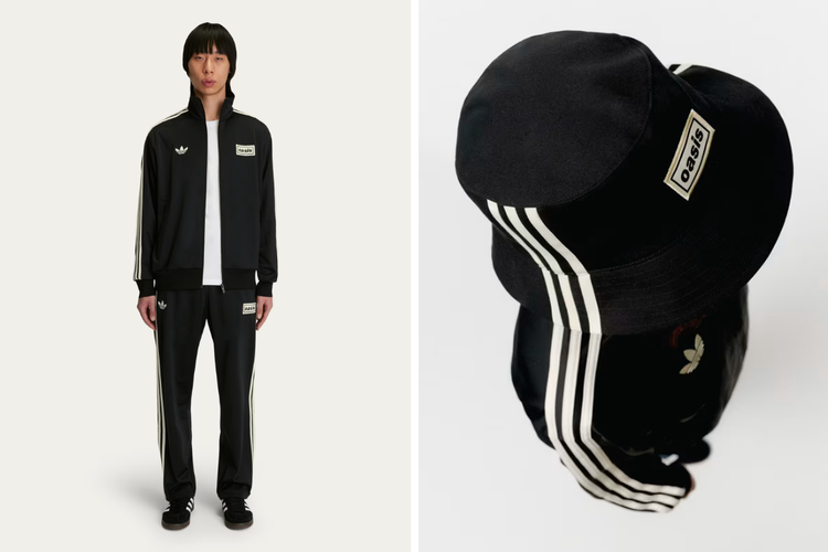 Beberapa produk dari Adidas Oasis yaitu tracksuit Firebird (kiri) dan bucket hat (kanan).