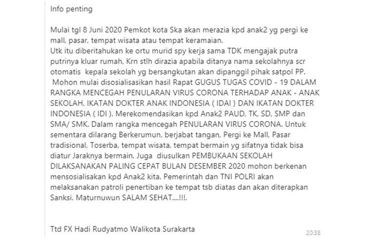 Tangkapan layar pesan berantai yang menyebut bahwa Pemkot Solo akan merazia anak-anak yang berkeliaran di mall atau pusat keramaian lain mulai 8 Juni 2020.