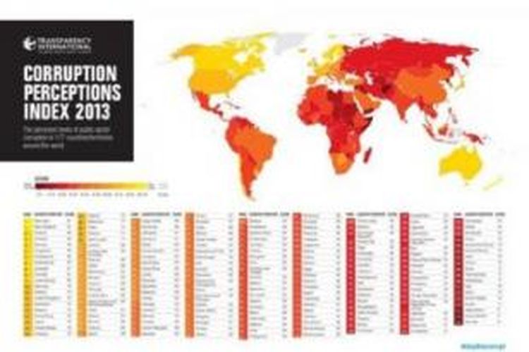 Peta ini menunjukkan derajat korupsi di tiap negara. Transparency International ) 