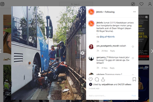 Lawan Arus dan Terobos Busway, Pengendara Motor Byson Ditabrak Bus Transjakarta