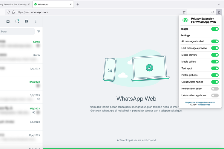 Ilustrasi cara menggunakan Privacy Extension for WhatsApp Web buat blur chat WhatsApp Web.