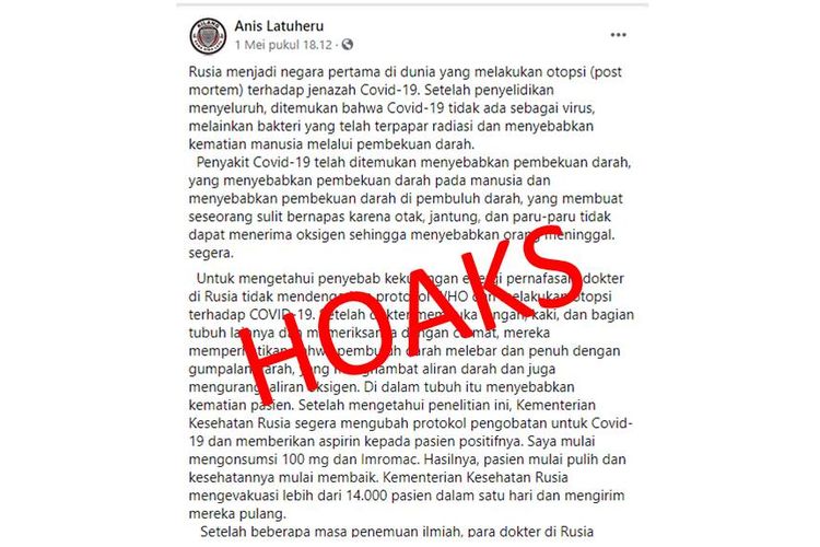 Hoaks Kementerian Kesehatan Rusia menyatakan Covid-19 bukan disebabkan virus tapi bakteri.