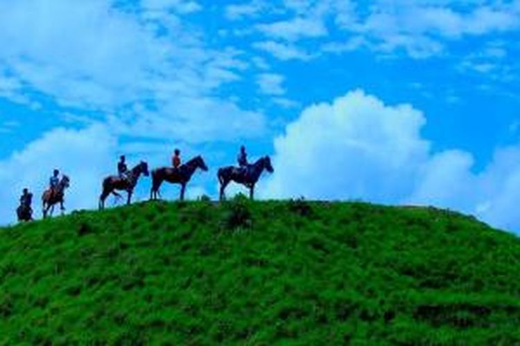 Anak-anak usia sekolah dasar di Sumba, Nusa Tenggara Timur berlatih pacuan kuda di padang sabana.