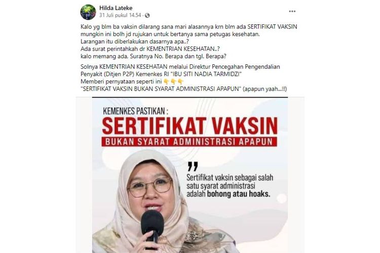 Tangkapan layar unggahan Facebook soal sertifikat vaksin Covid-19 tidak menjadi syarat administrasi apapun