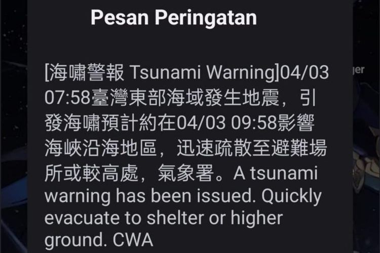 
Felix, WNI yang tinggal di Taoyuan, menerima notifikasi sistem peringatan dini tsunami di ponselnya pada Rabu (03/04)