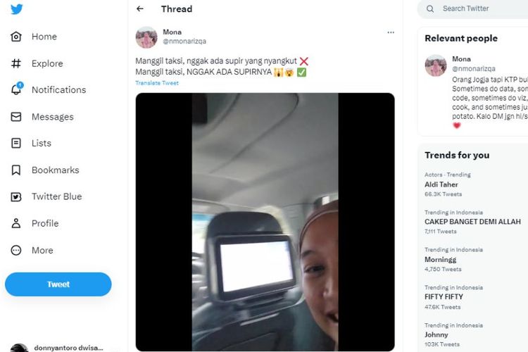 Pengguna Twitter dengan nama akun @nmonarizqa menggunakan layanan robotaxi atau alias taksi dengan teknologi otonom dari Cruise di San Francisco, Amerika Serikat.