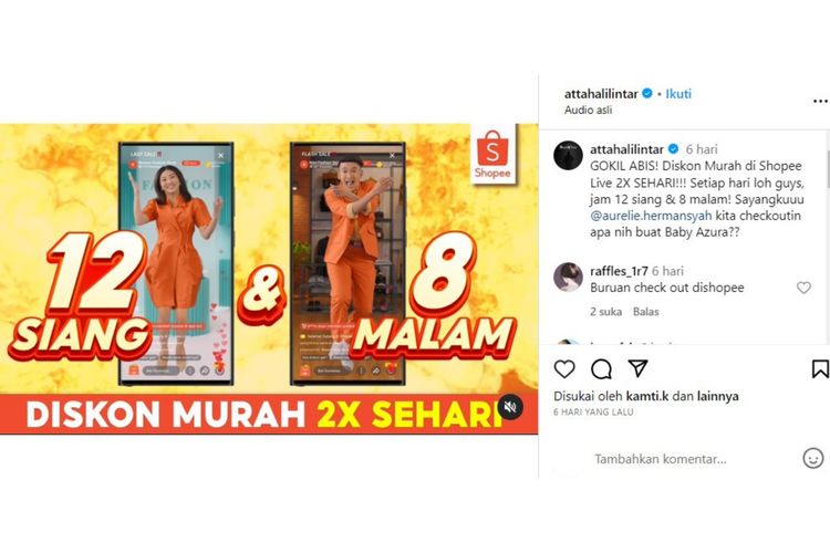 Instagram Atta Halilintar diserbu komentar positif dari para pengikut yang bersemangat berburu promo Shopee. 
