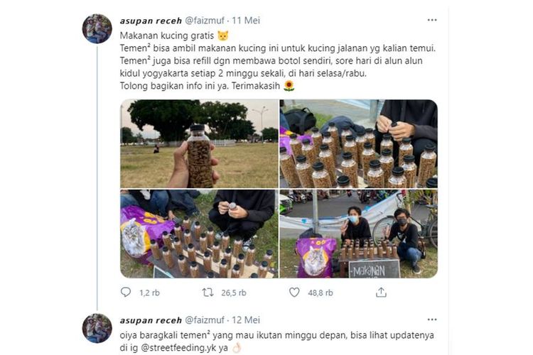 Tangkapan layar Twit soal makanan kucing gratis untuk kucing liar 