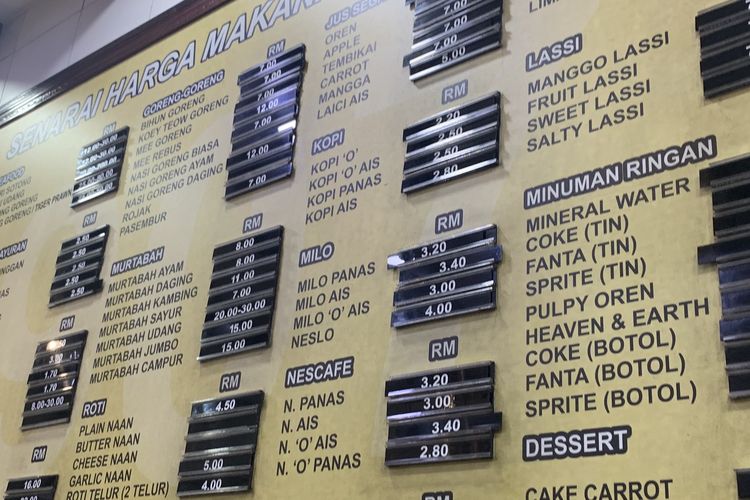 Daftar lauk nasi kandar di Suasana Restoran Hameediyah, tempat makan nasi kandar pertama di Penang, Malaysia. Buka pada 1907 dan terkenal dengan masakan India-Muslim yang autentik. Harga nasi kandar menyesuaikan jenis dan jumlah lauknya.