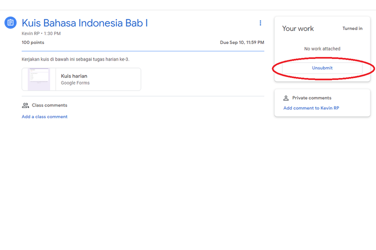 Cara membatalkan pengiriman tugas di Google Classroom.