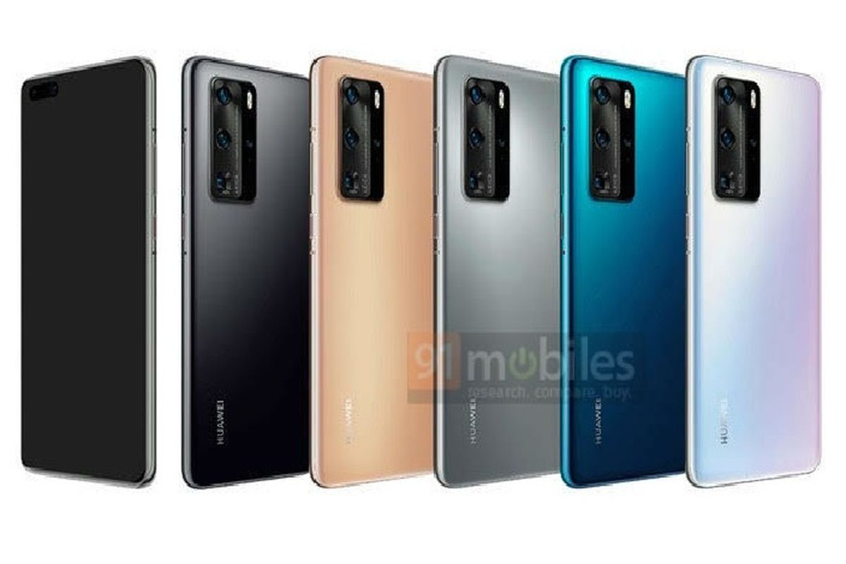 Gambar render Huawei P40 Pro dengan lima varian warna dan empat kamera belakang.