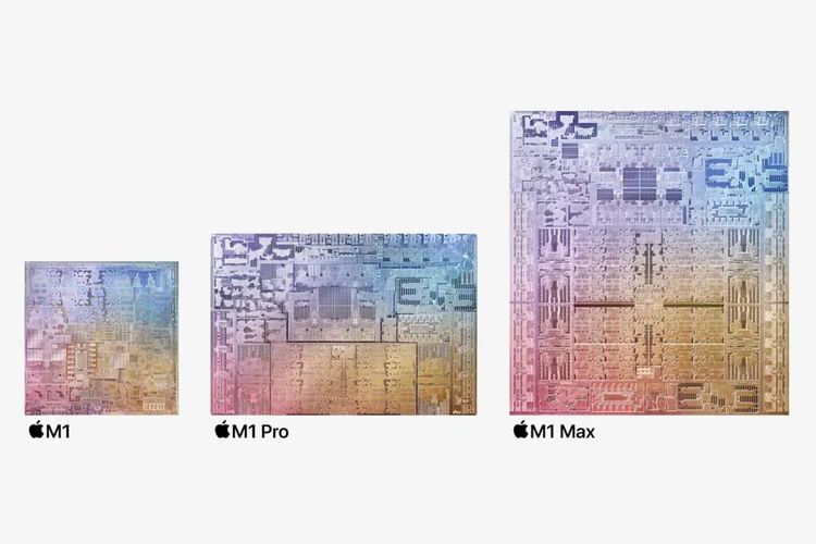 Ilustrasi ukuran fisik chip M1, M1 Pro, dan M1 Max.