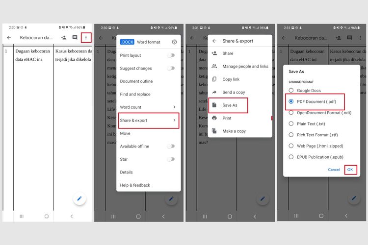 Cara konversi file Word ke PDF melalui aplikasi Google Docs di ponsel.