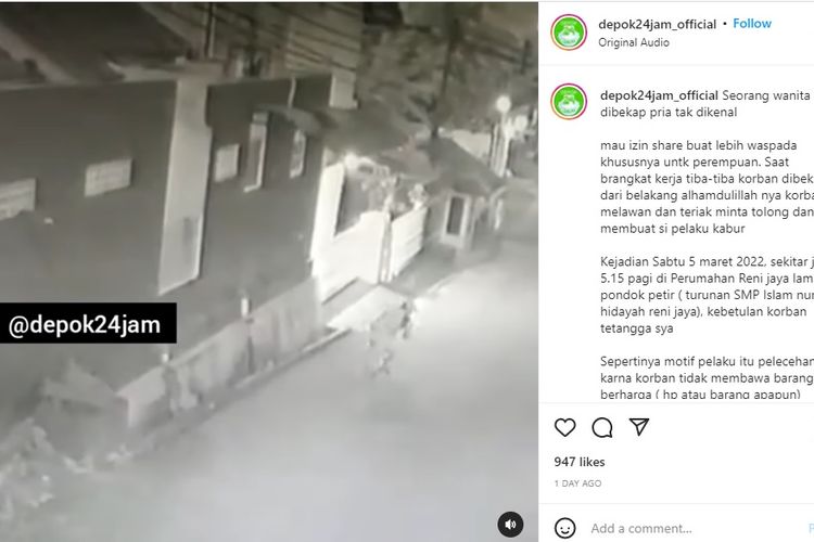 Video yang memperlihatkan seorang lelaki membekap perempuan yang tengah berjalan di Perumahan Reni Jaya Lama, Jalan Wijaya Kusuma, Pondok Petir, Depok, beredar di media sosial.