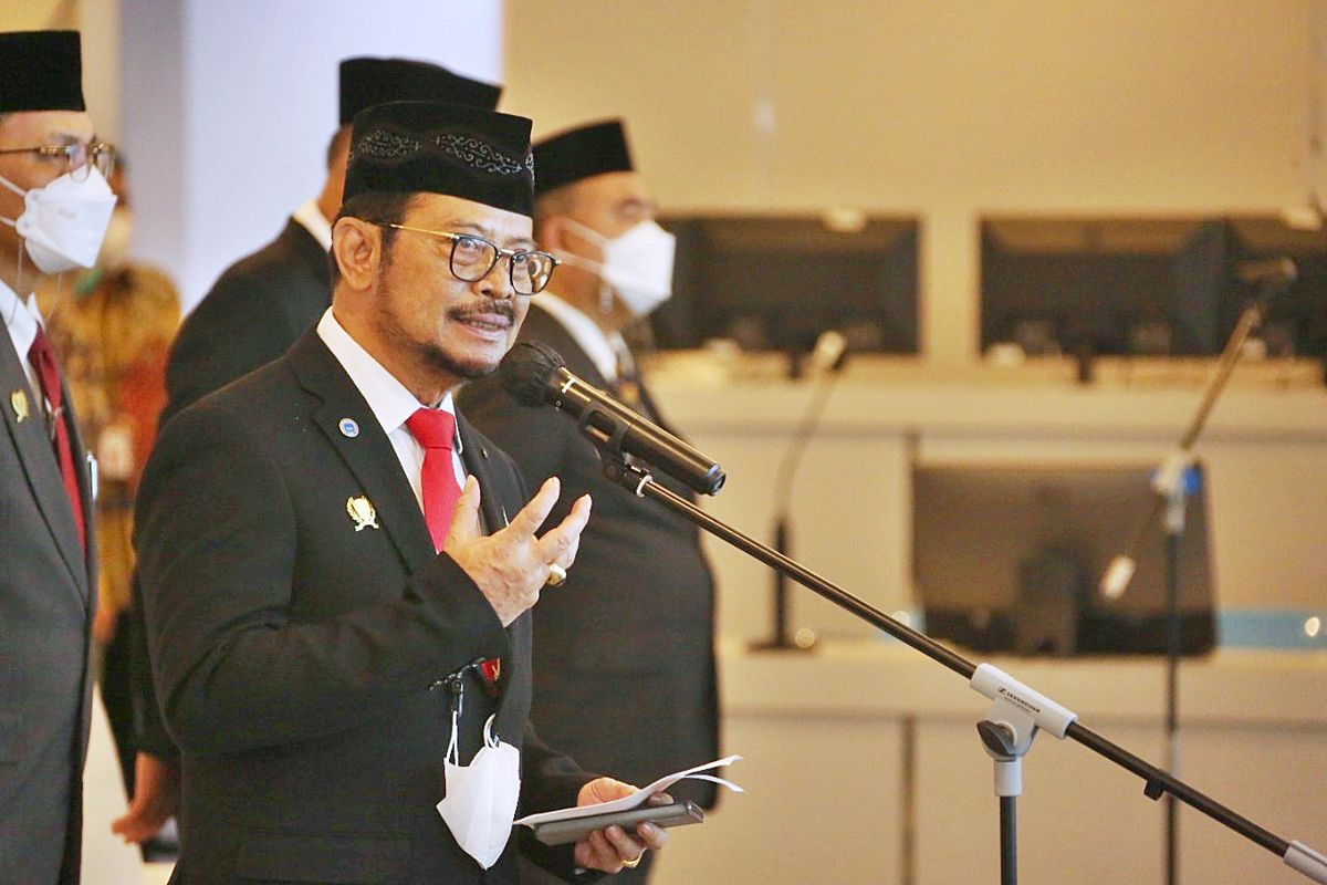 Menteri Pertanian (Mentan) Syahrul Yasin Limpo (SYL) saat memimpin Upacara Peringatan Hari Kesaktian Pancasila secara daring dan luring di lingkungan Kementerian Pertanian (Kementan), Jumat (1/10/2021).