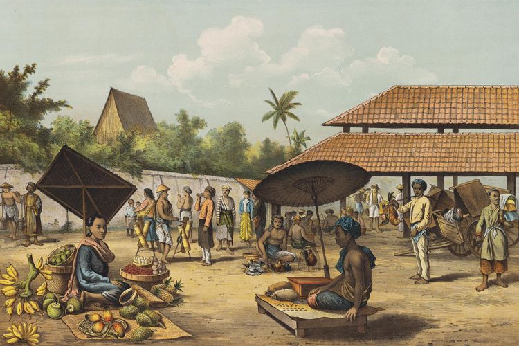 Lukisan yang menggambarkan pasar di Jawa, tempat meleburnya pribumi dari berbagai kelas baik jelata, pedagang, hingga priyayi.
