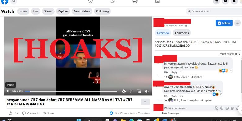 Tangkapan layar Facebook narasi yang menyebut bahwa Ronaldo telah menjalani debutnya bersama Al Nassr ketika bertemu dengan Al Tai 6 Januari 2023 lalu