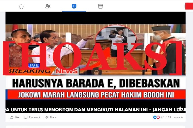 Tangkapan layar Facebook narasi yang menyebut bahwa Jokowi memecat hakim ketua sidang kasus pembunuhan Brigadir J, Wahyu Imam Santoso