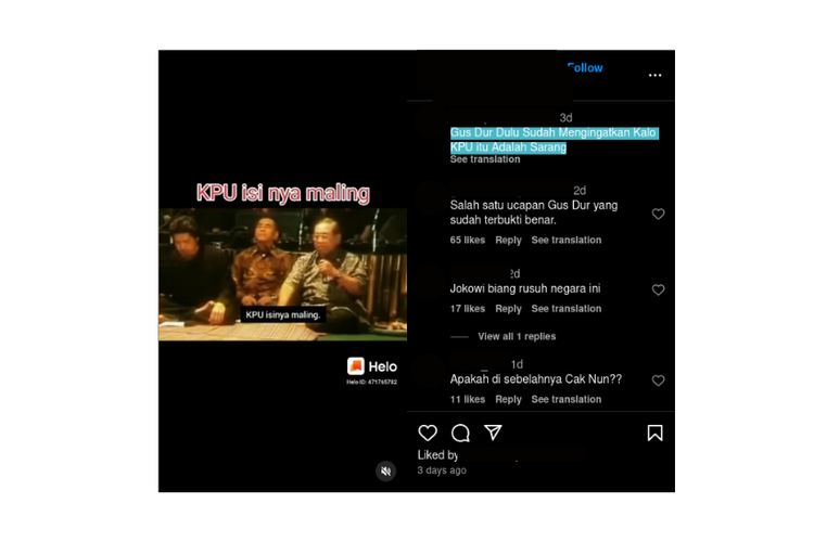 Tangkapan layar video Gus Dur mengatakan KPU berisi maling