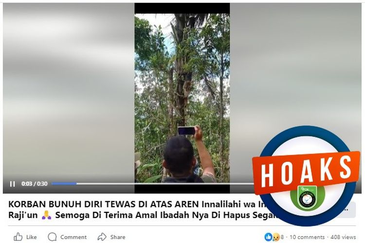 Tangkapan layar Facebook narasi yang menyebut caleg di Ciwidey gantung diri di pohon aren