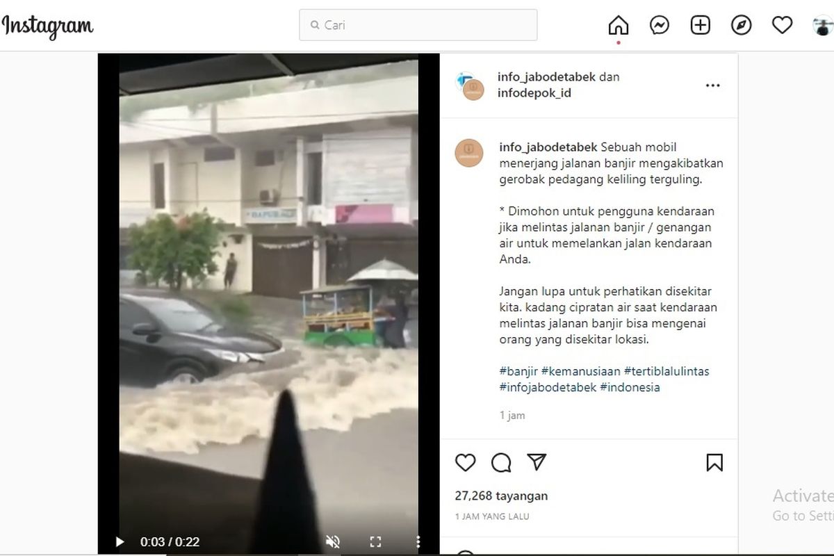 Video viral di Instagram tentang mobil melewati banjir membuat gerobak terbalik.