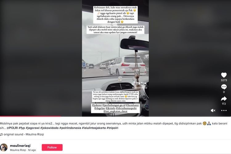 Video viral memperlihatkan pengemudi wanita yang kesal dengan iring-iringan mobil pejabat di tol.