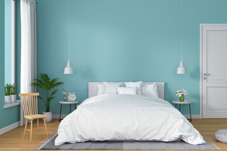 Ilustrasi kamar tidur dengan warna cat biru muda.