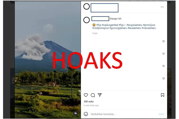 Tangkapan layar unggahan Instagram hoaks soal erupsi Merapi