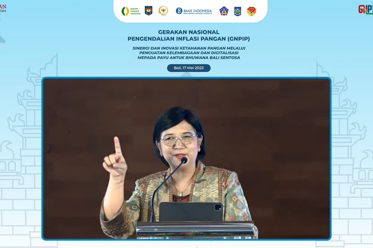 Deputi Gubernur Senior Bank Indonesia (BI), Destry Damayanti menyampaikan sambutan dalam Gerakan Nasional Pengendalian Inflasi Pangan (GNPIP), di Bali, Rabu (17/5/2023).