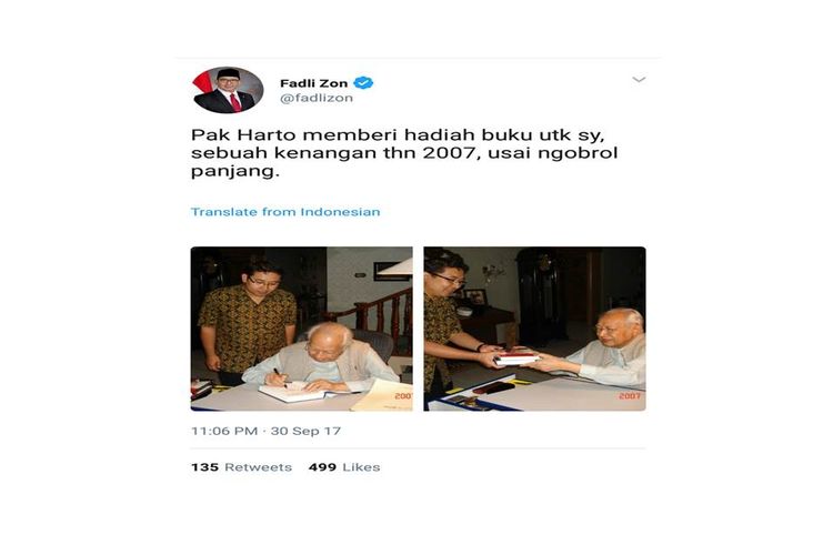 Wakil Ketua DPR RI Fadli Zon mengunggah foto dirinya bersama Presiden Kedua RI, Soeharto, melalui akun Twitter-nya, @fadlizon.