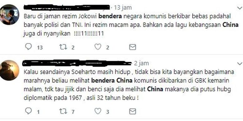 Pengibaran bendera China dan dinyanyikannya lagu kebangsaan negara tersebut di upacara penutupan AG 2018 (3/9/2018) dikomentari netizen. 