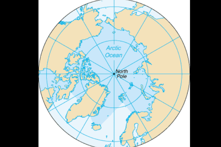 Peta Samudra Arktik yang menunjukkan Kutub Utara