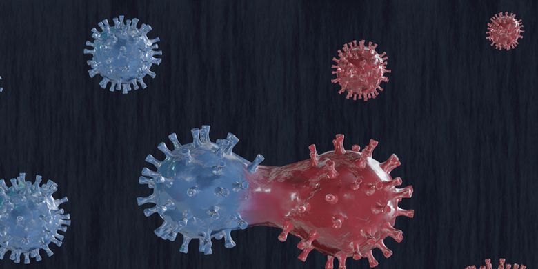 Ilustrasi mutasi virus corona baru. Virus SARS-CoV-2 yang menyebabkan Covid-19.