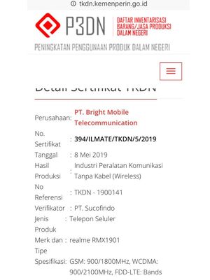 Tangkapan layar halaman sertifikasi P3DN Realme X dengan nomor model RMX1901