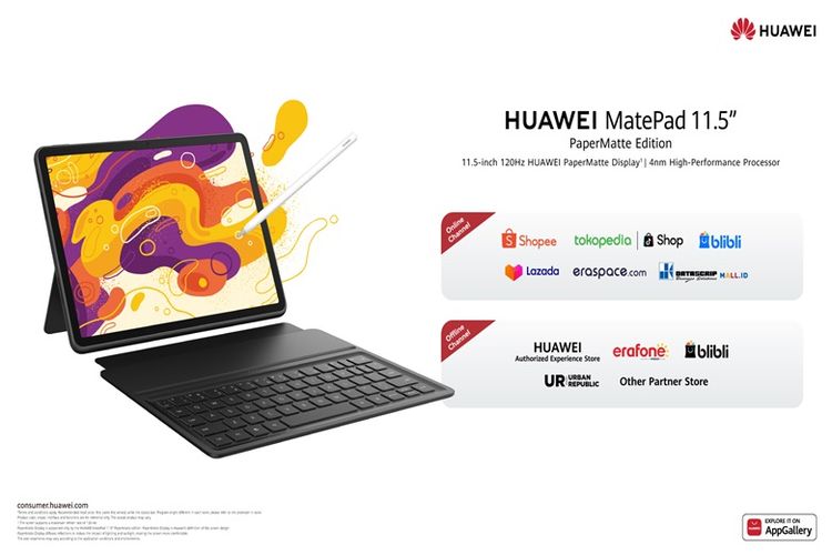 Huawei MatePad 11.5 Papermatte Edition dapat dibeli melalui Huawei Official Store di platform, seperti Shopee, Tokopedia, Blibli, Lazada, dan Eraspace.com.