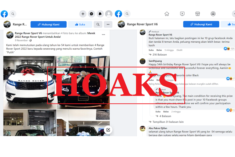 Tangkapan layar unggahan hoaks di sebuah akun Facebook, Rabu (9/11/2022), soal penipuan pembagian hadiah atau give away empat unit Range Rover Sport.