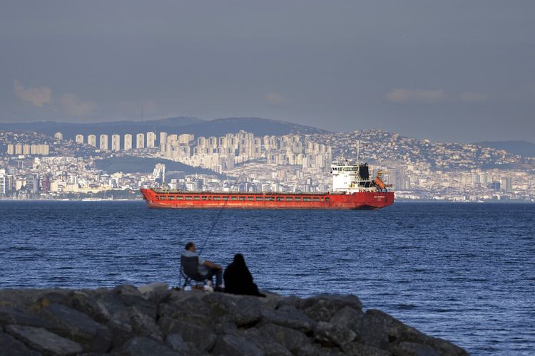 Sebuah keluarga duduk di atas batu di depan sebuah kapal kargo yang berlabuh di Laut Marmara menunggu akses untuk menyeberangi Selat Bosphorus di Istanbul, Turki, Rabu, 13 Juli 2022.