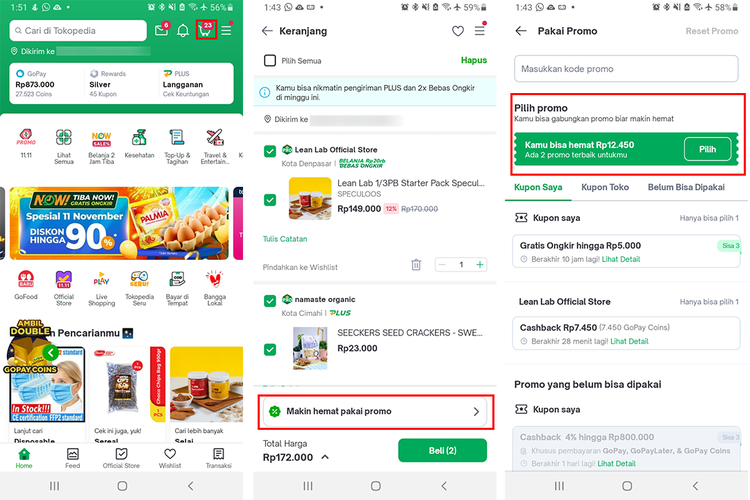 Cara redeem voucher di Tokopedia sebelum checkout barang (KOMPAS.com/Caroline Saskia Tanoto)