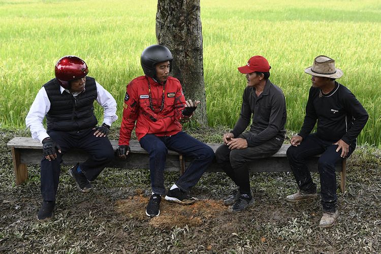 Presiden Joko Widodo (kedua kiri) bersama Menteri PUPR Basuki Hadimuljono (kiri) berbincang dengan petani padi Adan di Krayan, Kabupaten Nunukan, Kalimantan Utara, Kamis (19/12/2019). Presiden dalam kunjungan kerjanya meninjau padat karya berupa pembangunan saluran irigasi untuk pertanian padi Adan di Krayan.