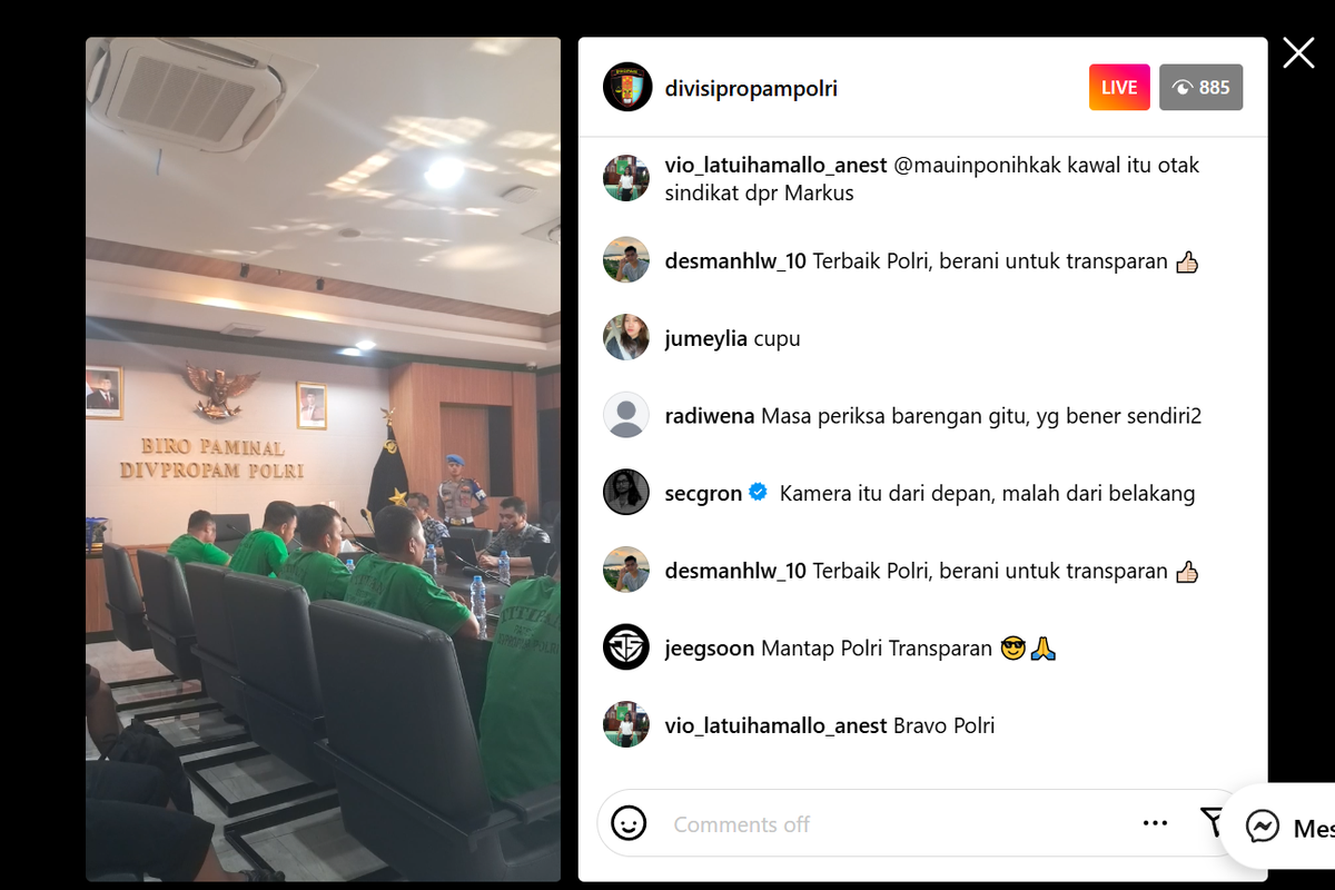 Divisi Propam Polri menayangkan proses pemeriksaan terhadap 7 anggota Brimob yang terlibat insiden rantis lindas ojek online di Jakarta melalui akun Instagram @divisipropampolri, Jumat (29/8/2025).